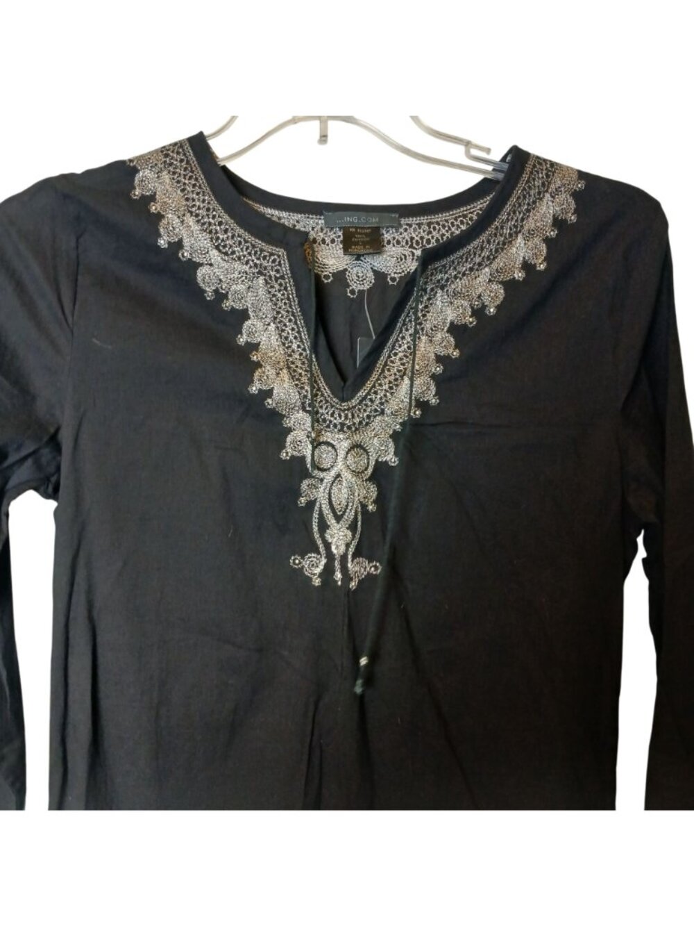 Ing.Com Black Large Tunic Top W/ Silver Embroidery Tassel Cotton Hippy Boho #I-2 - Picture 7 of 10